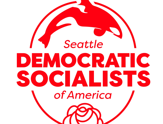 Seattle Democratic Socialists of America logo. A red orca and rose encircled around the organization's name.