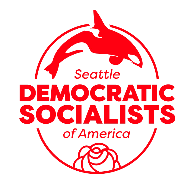 Seattle Democratic Socialists of America logo. A red orca and rose encircled around the organization's name.