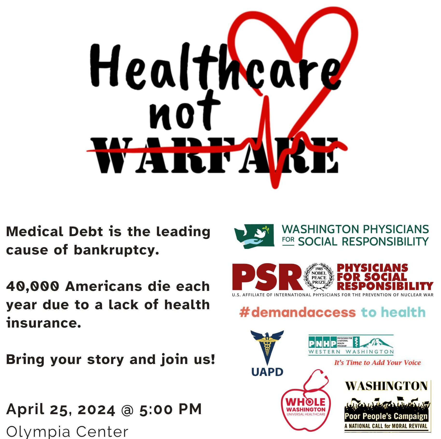 Medical Debt is the leading cause of Bankruptcy. 40,000 Americans die each year to due to lack of health insurance. Bring your story and join us!