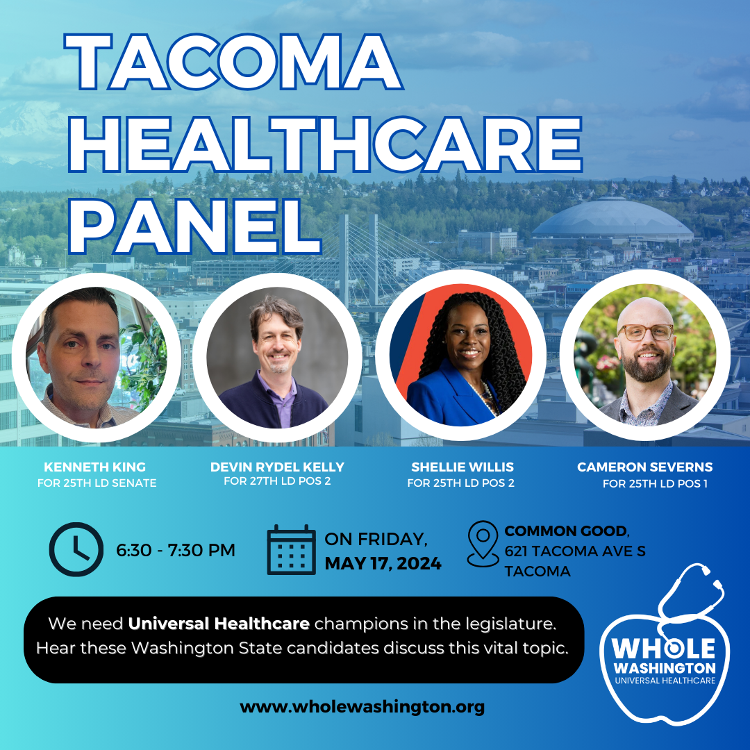 Tacoma Dome in the background with four candidates in round frames under the words Tacoma Healthcare Panel