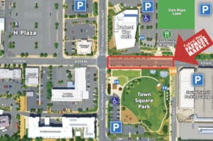 Map showing where the farmers market is on the street.