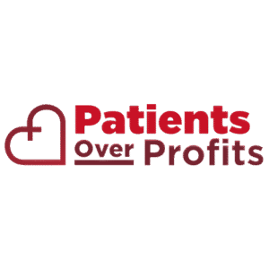 Patients Over Profits Logo - Square layout - line drawing of a red heart.